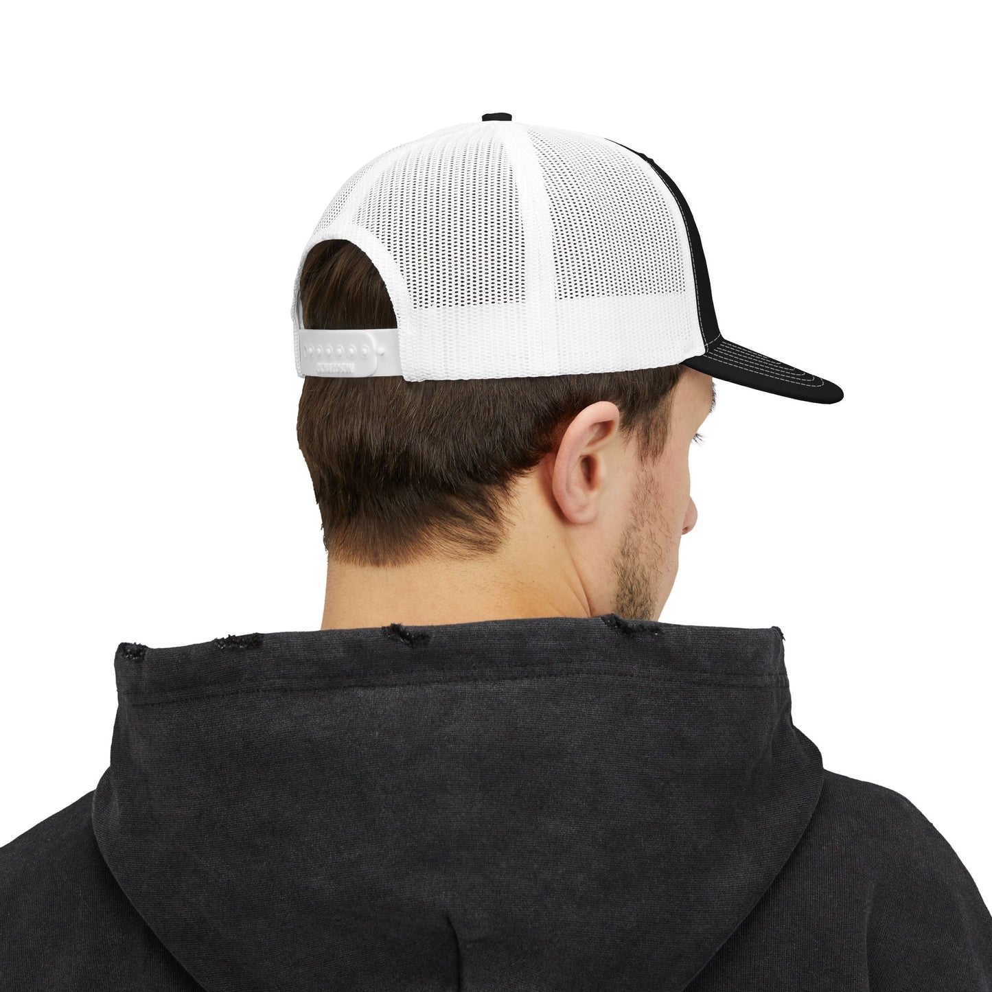 Cutesy Mesh Snapback Trucker Cap — Black/White (Embroidered “C” Monogram)