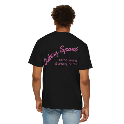 Cutesy Sport Garment-Dyed Tee — Pink Monogram Front & “Cute moves / Strong vibes” Back